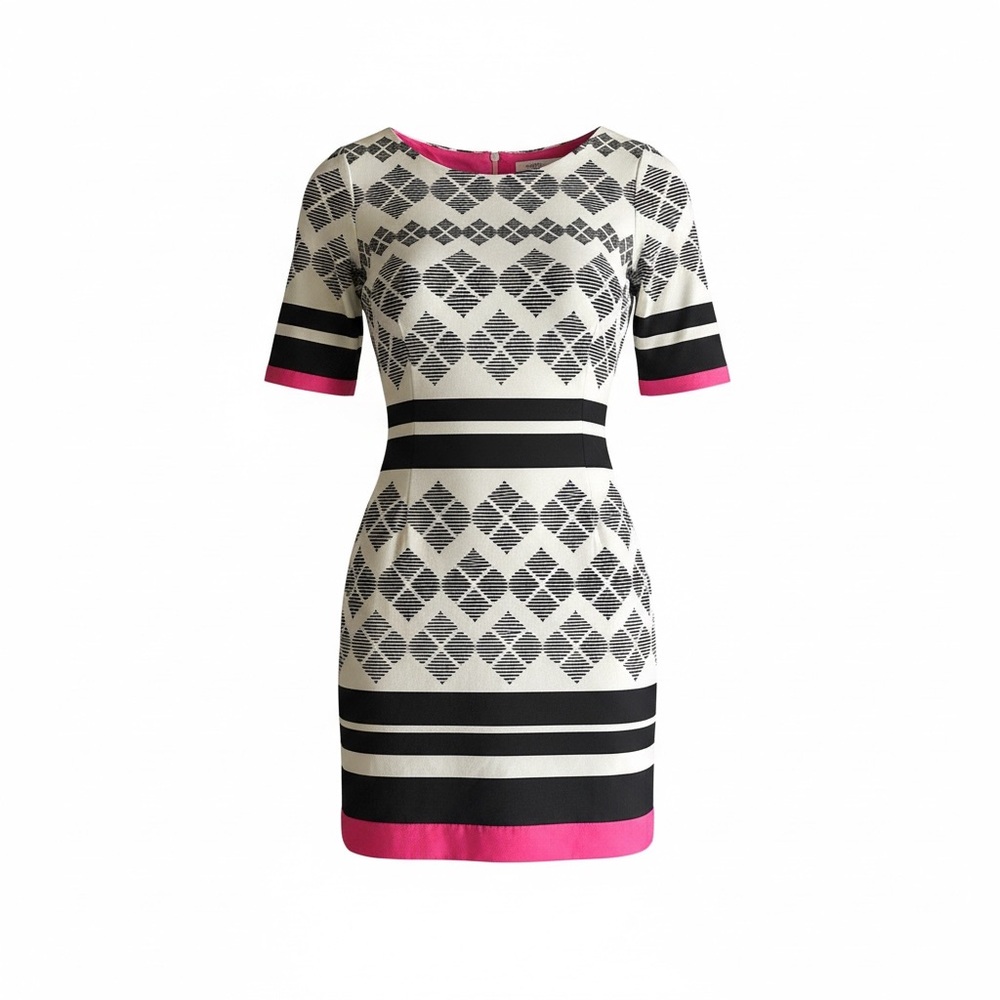 Eliza J Black & White Geometric Midi Dress with Pink Sleeve Trim